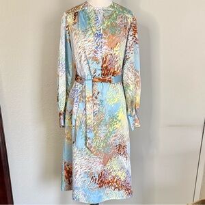 Lanvin Paris Vintage 1970’s Abstract Print Long Sleeve Belted Dress